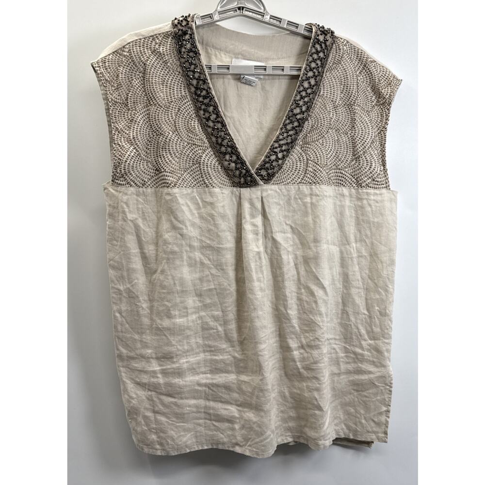 Peck & Peck Womens Large Khaki Linen V Neck Top Beaded Embroidered Casua